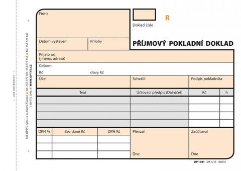 neuveden: Příjmový doklad, A6, 2 × 50 listů, číslovaný, NCR